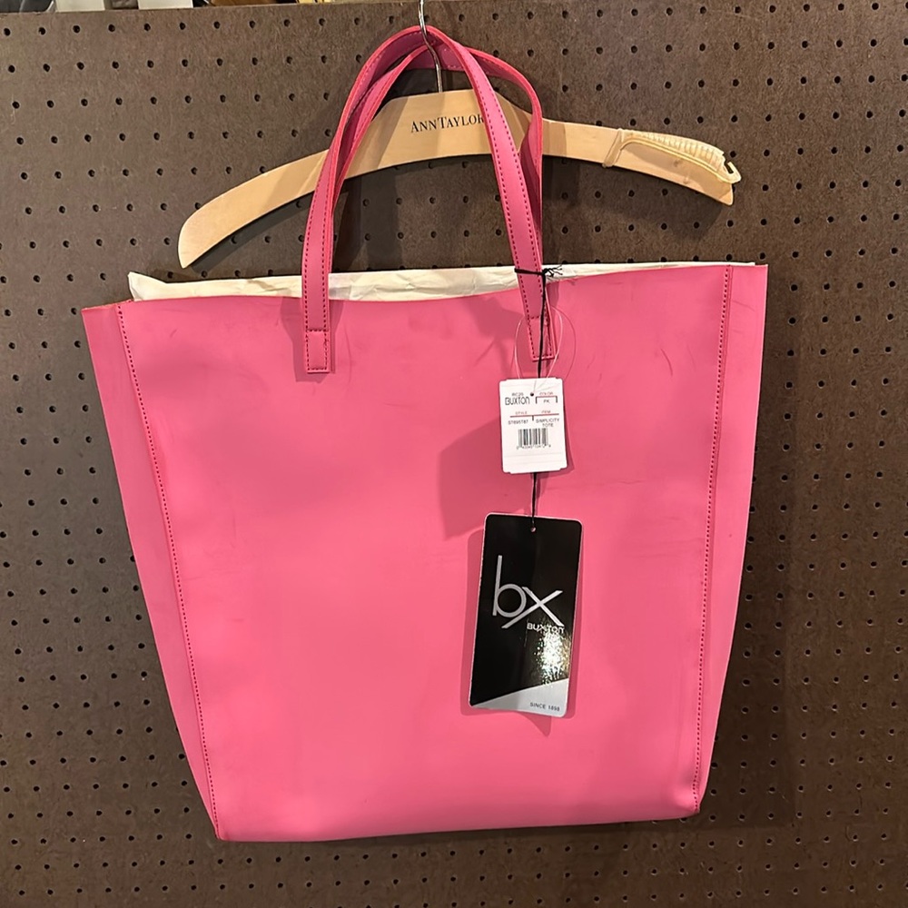 Pink leather bucket tote